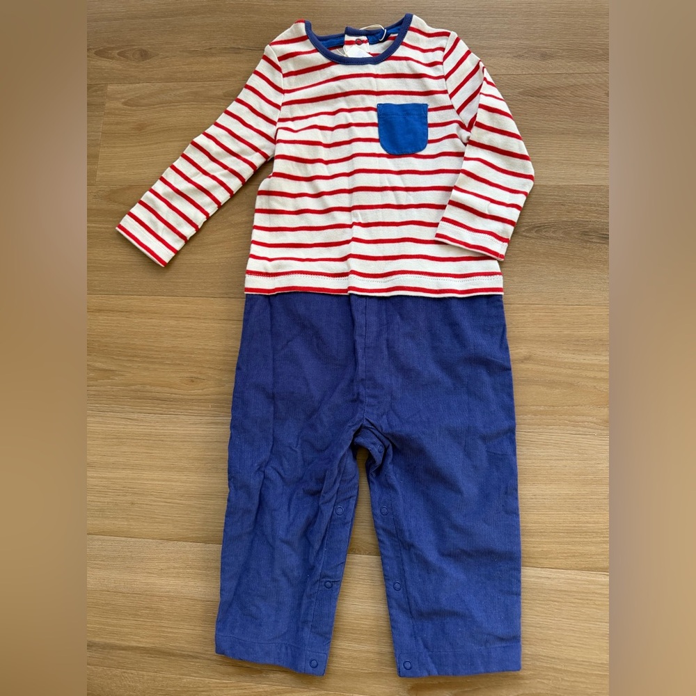 NWT. Mini boden Red and Blue Striped Romper, Size 12-18M